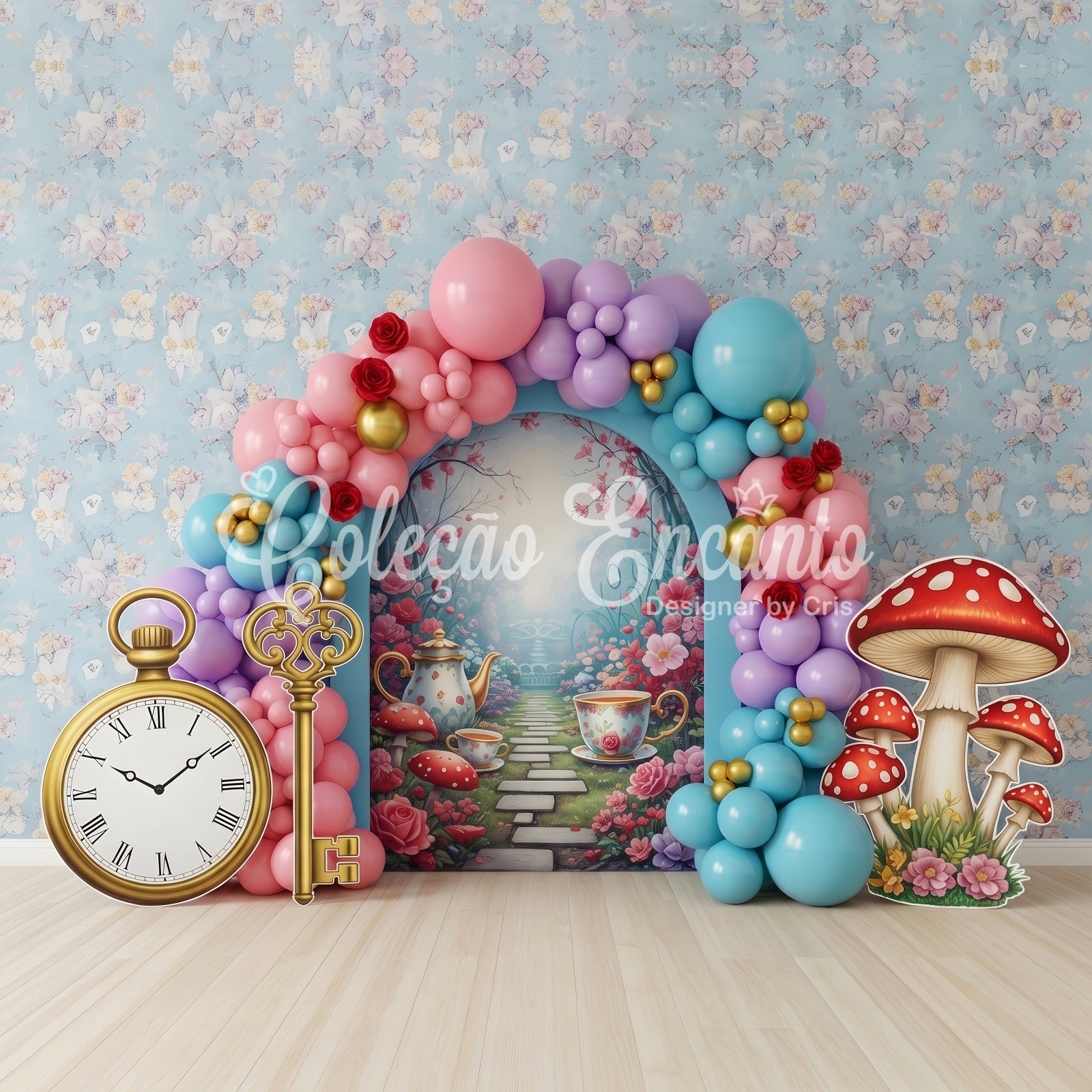 Baby Fotohintergrund Wunderland Teegarten Ballonbogen Kinder Kulisse CEM65-42