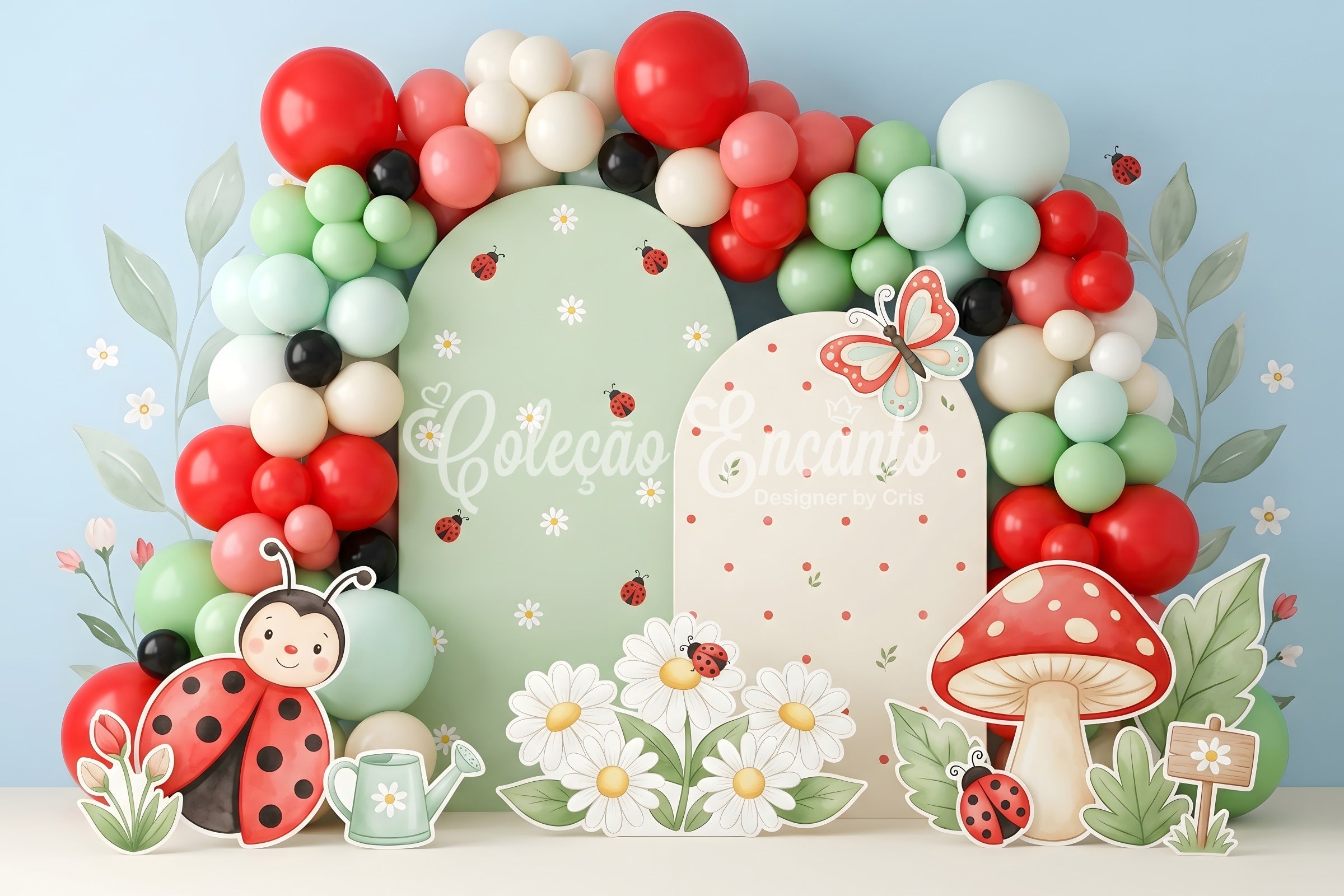 Baby Fotohintergrund Marienkäfer Gänseblümchen Pilze Ballons Kinder Kulisse CEM65-50
