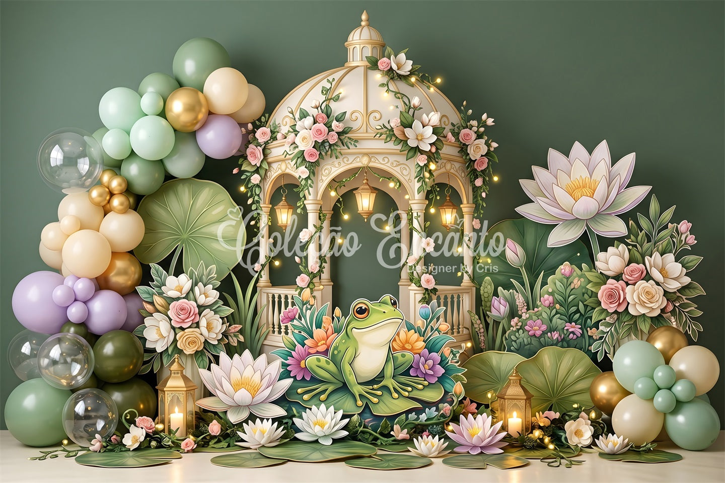 Baby Fotohintergrund Frosch Seerosenteich Gartenpavillon Kinder Party Kulisse CEM65-59