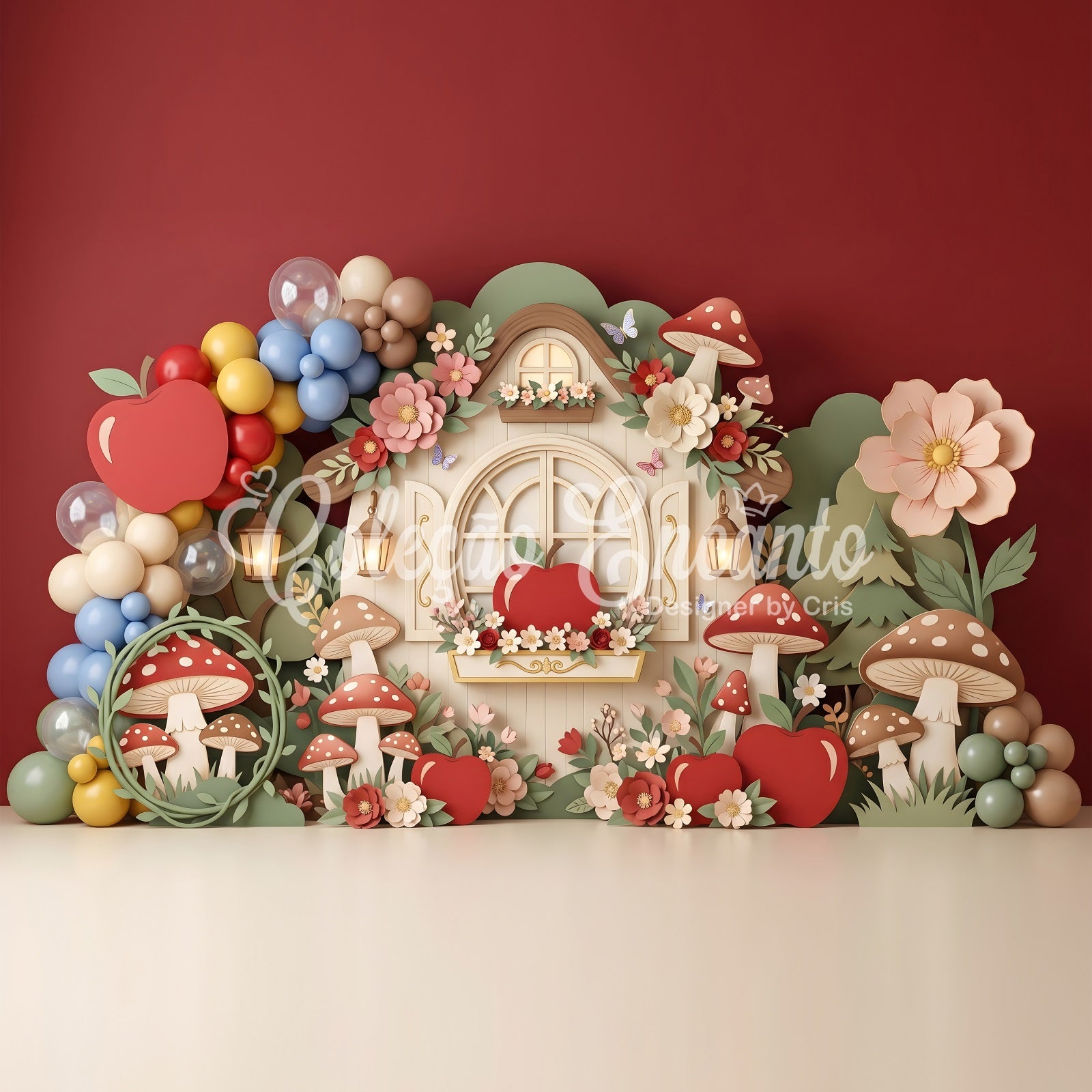 Baby Fotohintergrund Apfel Pilzhütte Ballongarten Kinder Kulisse CEM65-61