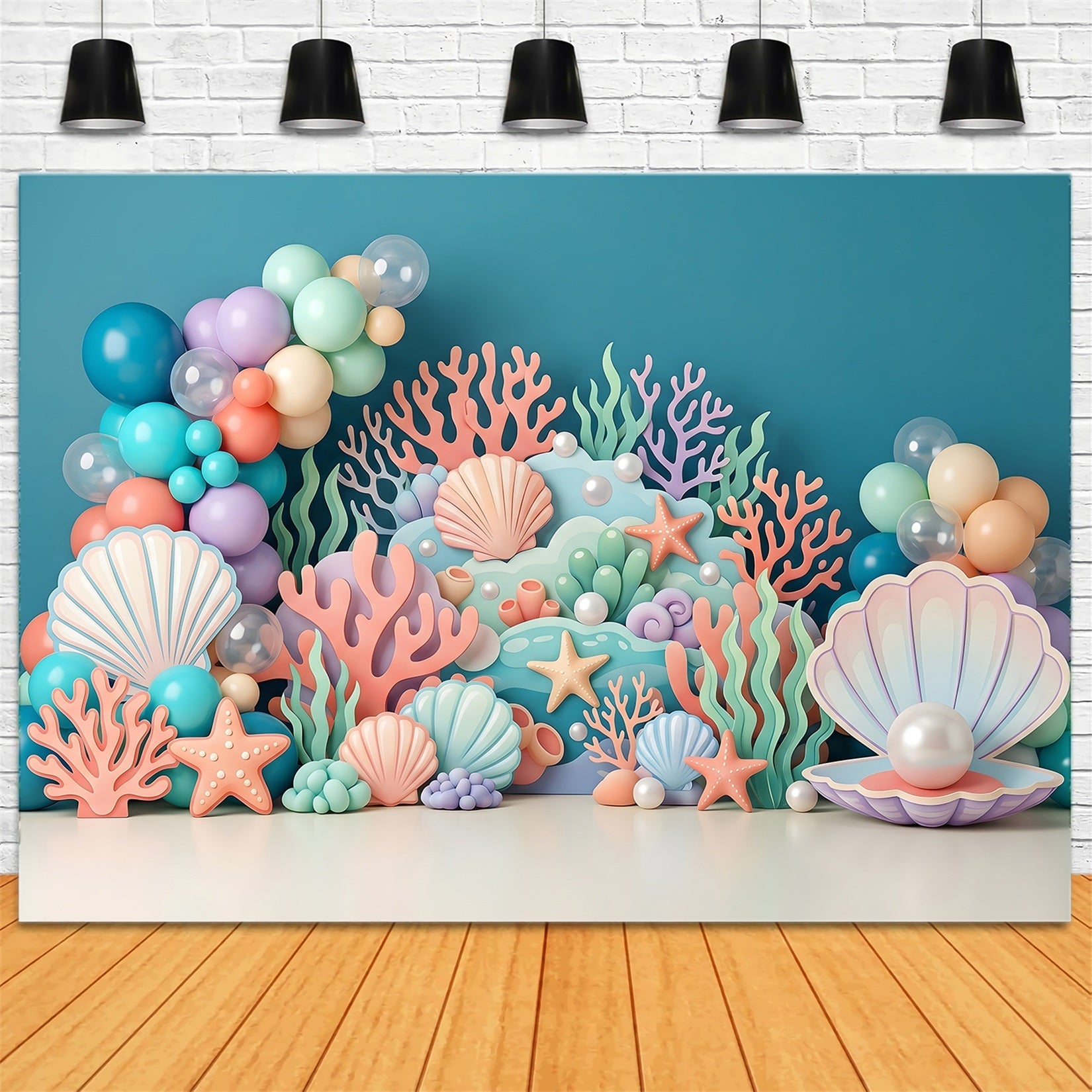 Baby Fotohintergrund Pastell Muscheln Korallen Ballons Kinder Hintergrund CEM65-66