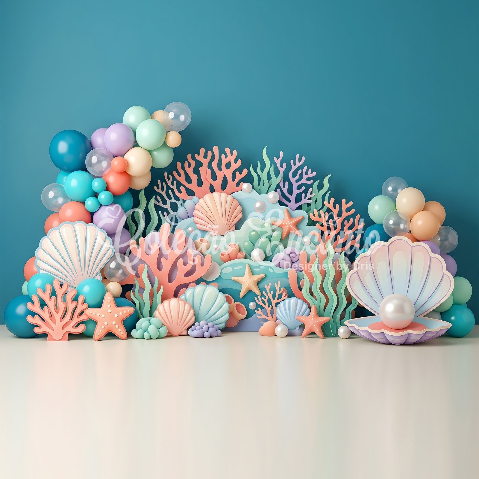 Baby Fotohintergrund Pastell Muscheln Korallen Ballons Kinder Hintergrund CEM65-66