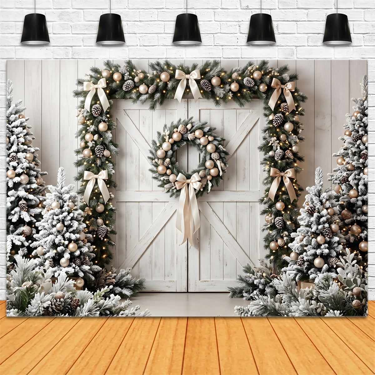 Weihnachten Fotohintergrund Scheunentor Immergrüner Kranz Winter Kulisse CEM65-72