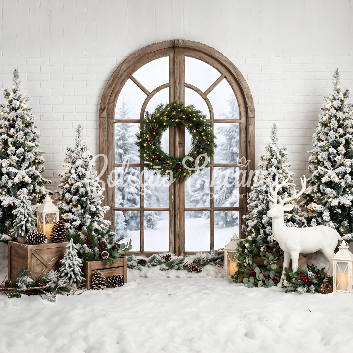 Weihnachten Fotohintergrund Winterfenster Kranz Hirsch Fotobox Kulisse CEM65-74