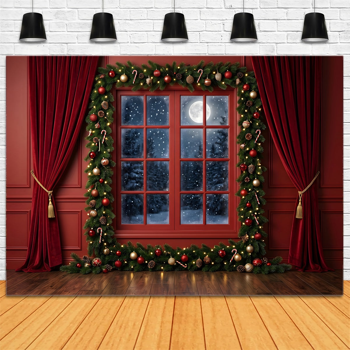 Weihnachten Fotohintergrund Mondlicht Fenster Girlande Winter Kulisse CEM65-77