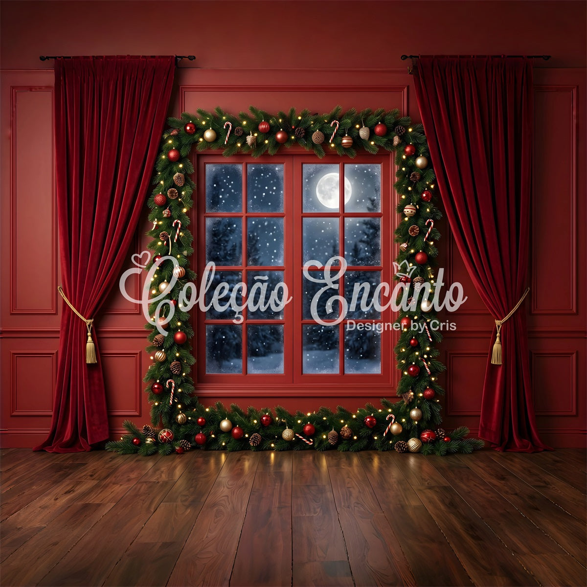 Weihnachten Fotohintergrund Mondlicht Fenster Girlande Winter Kulisse CEM65-77
