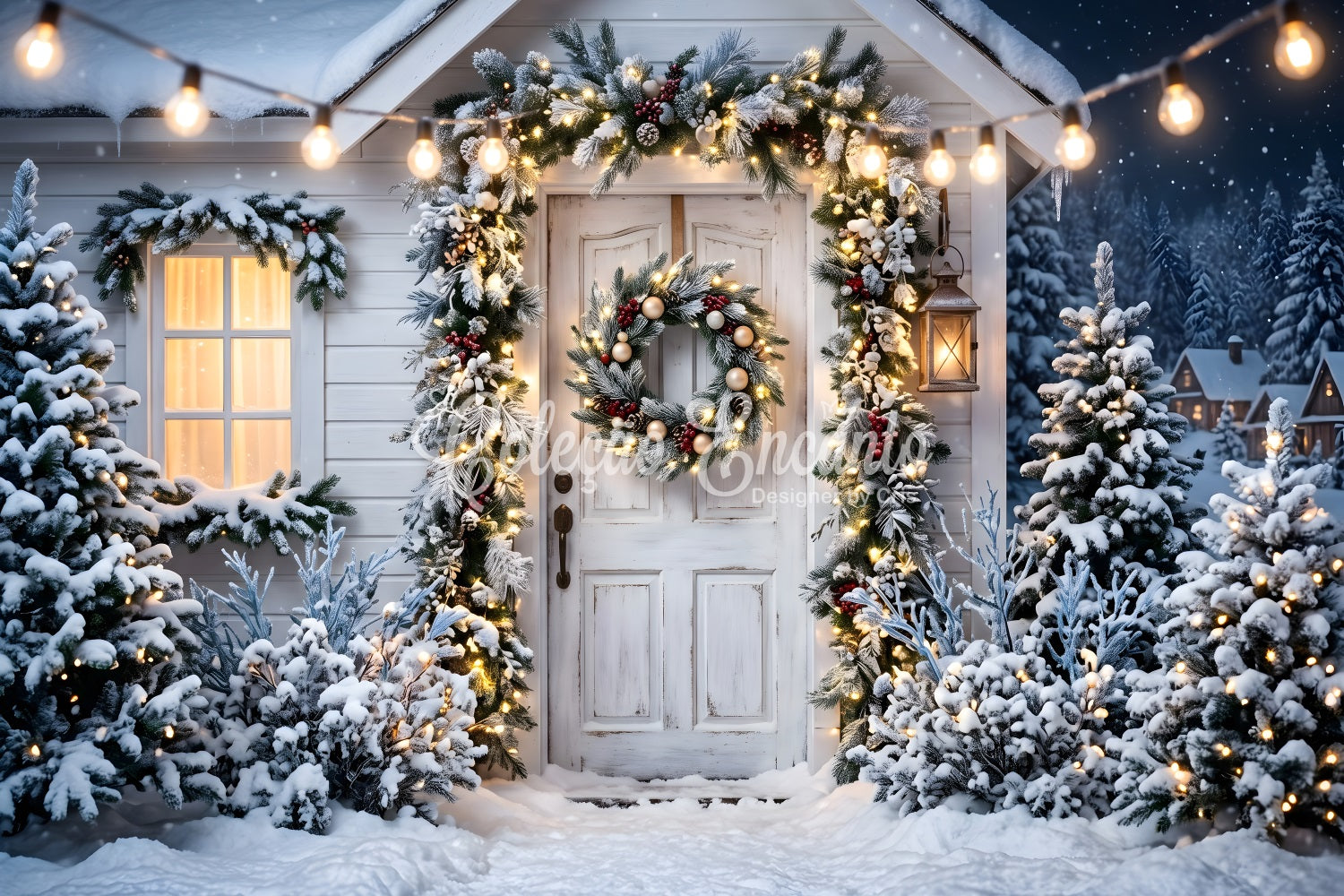 Weihnachten Fotohintergrund Verschneite Veranda Kranz Fotobox Kulisse CEM65-78
