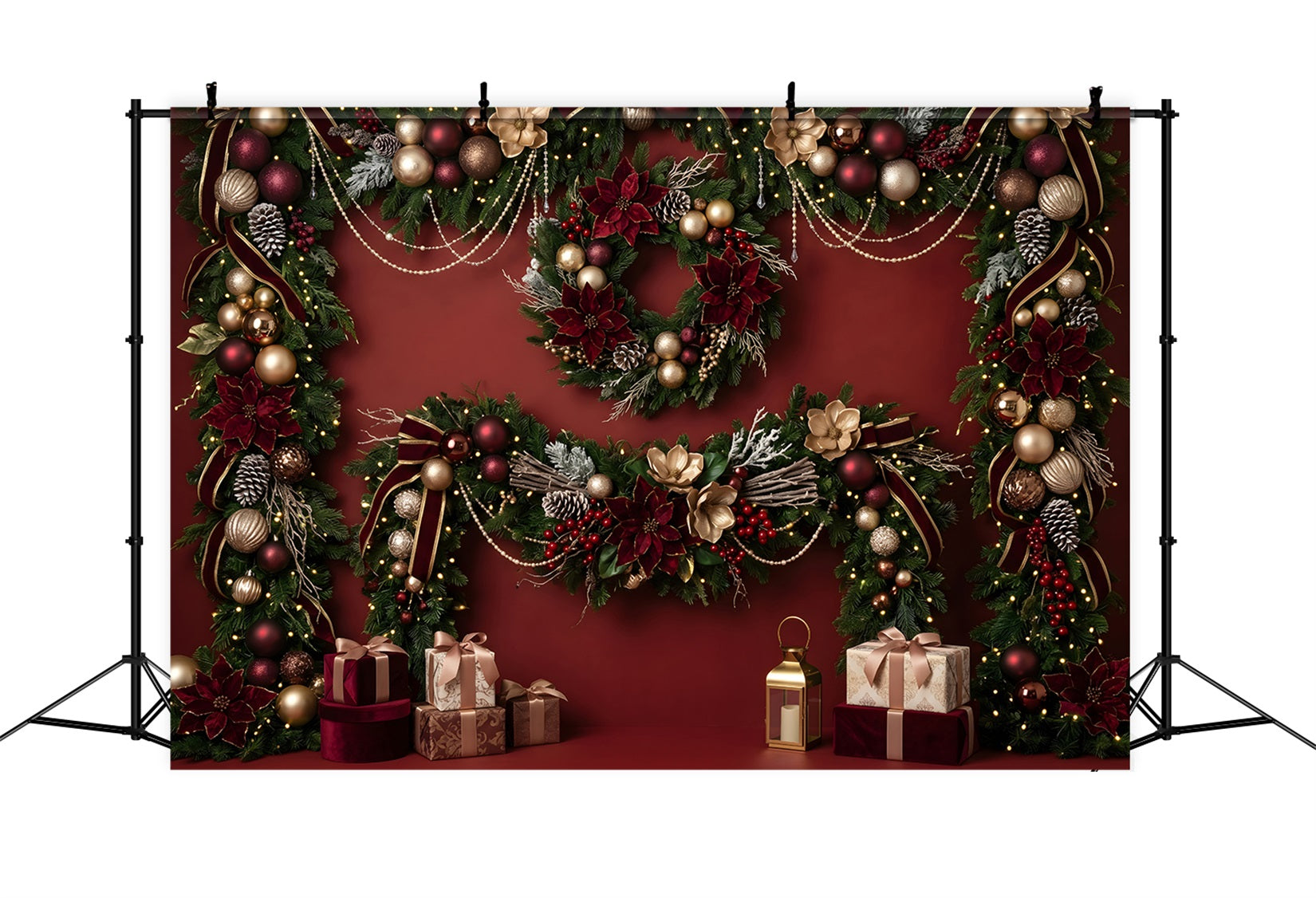 Weihnachts Hintergrund Burgunder Rot Poinsettien Geschenk Girlande Fotohintergrund CEM65-82