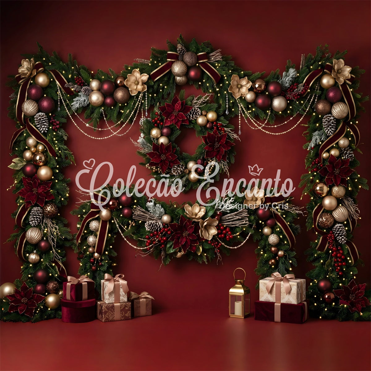 Weihnachts Hintergrund Burgunder Rot Poinsettien Geschenk Girlande Fotohintergrund CEM65-82
