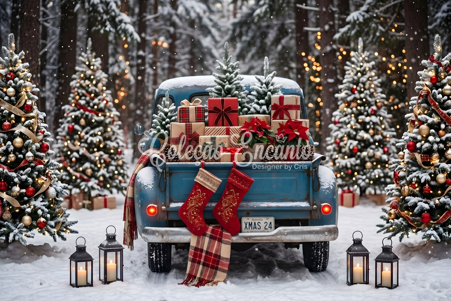 Weihnachts Hintergrund Vintage Pickup Truck Wald Geschenke Fotokulisse CEM65-85