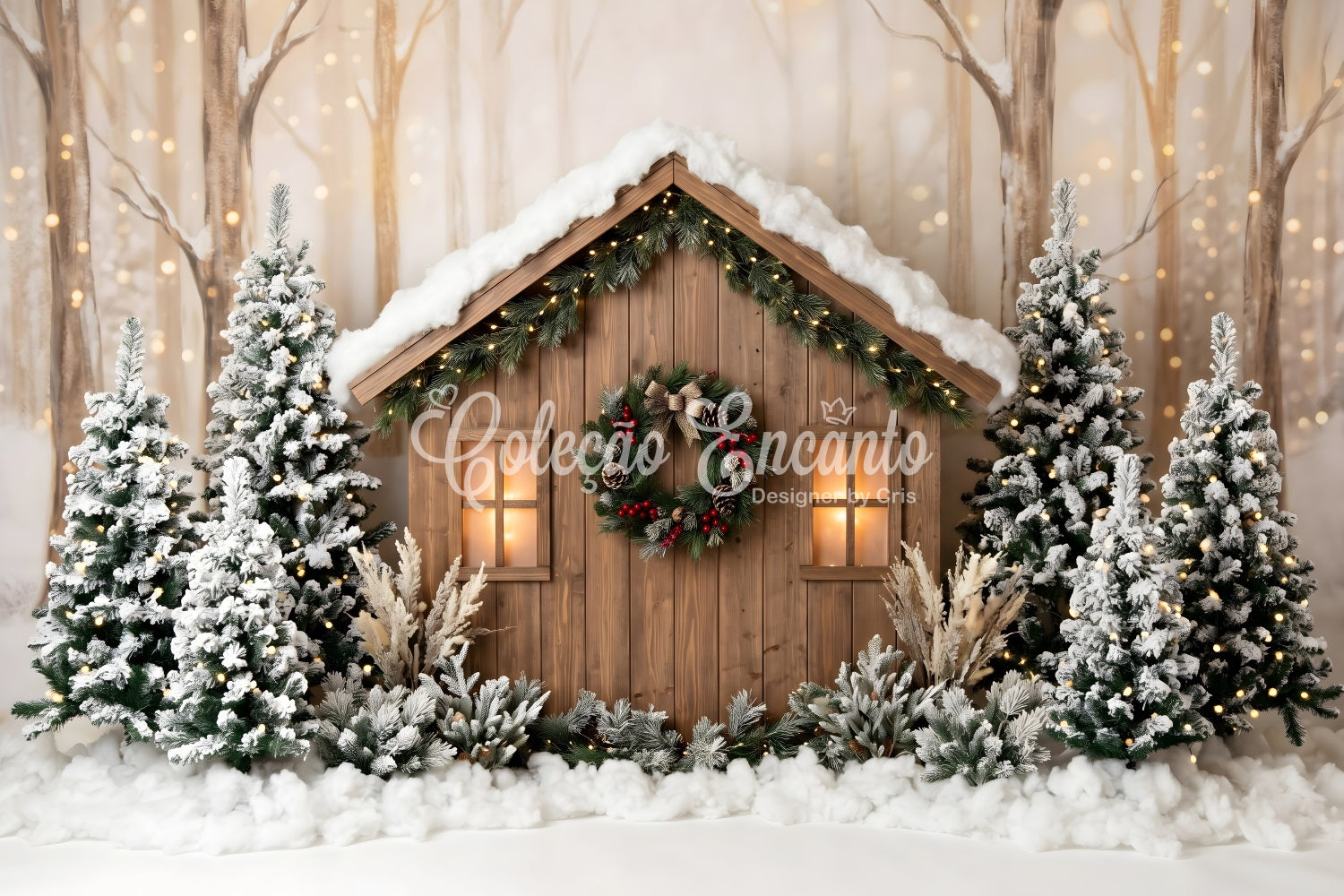 Outdoor Weihnachtskulisse Schnee Wald Hütte Kiefern Lichter Fotohintergrund CEM65-87