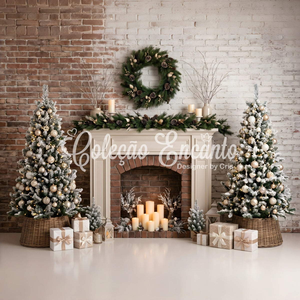 Weihnachts Kamin Fotohintergrund Frosted Fireplace Kerzen Tannen Studio Kulisse CEM65-88