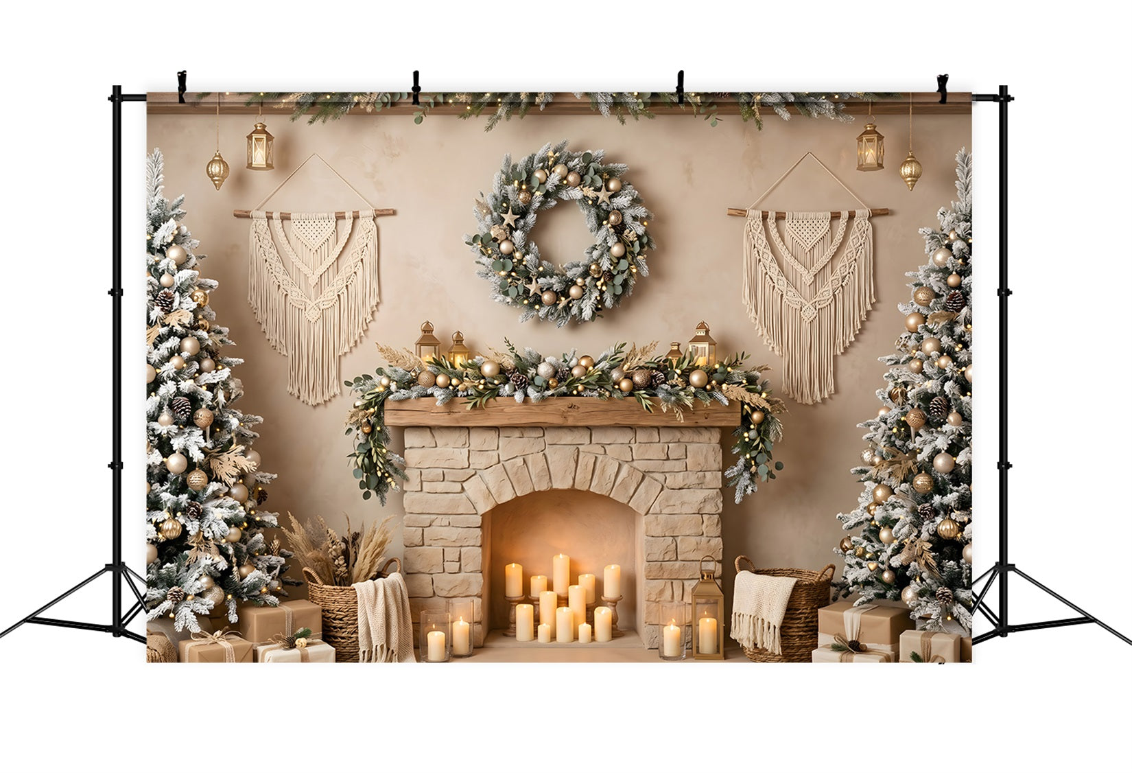 Boho Weihnachts Hintergrund Makramee Kamin Kerzen Winter Fotokulisse CEM65-89