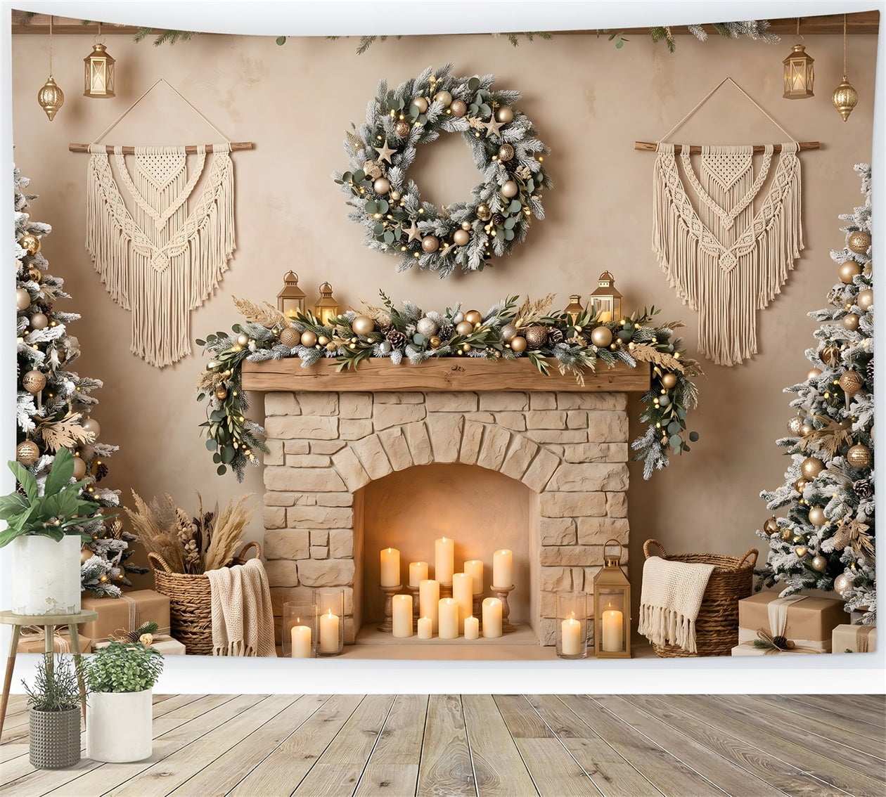 Boho Weihnachts Hintergrund Makramee Kamin Kerzen Winter Fotokulisse CEM65-89