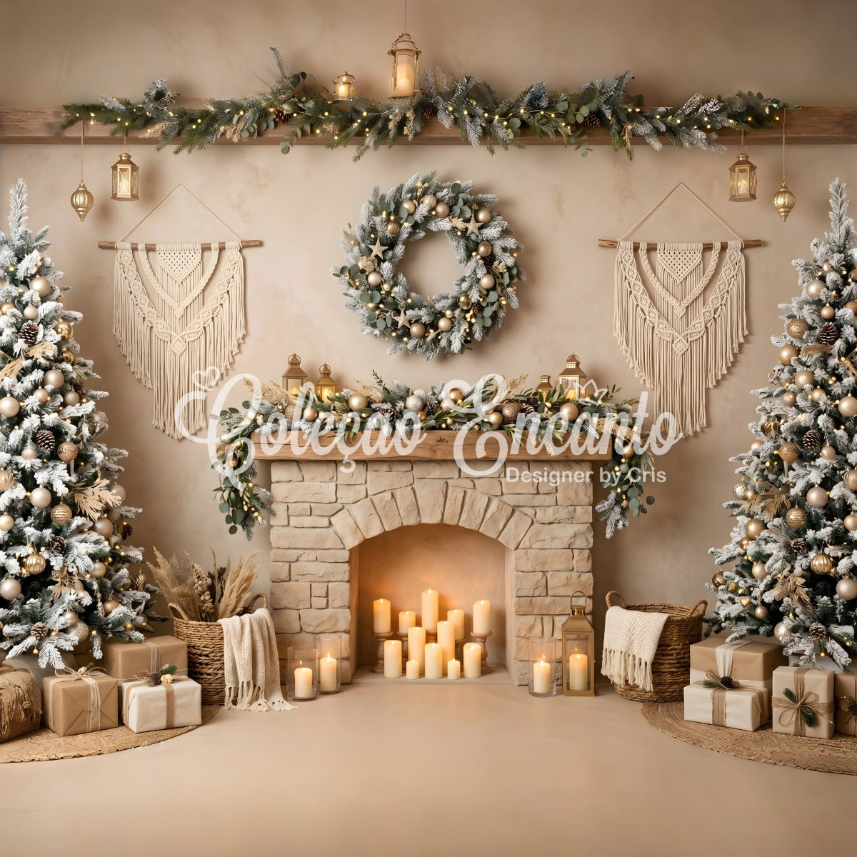 Boho Weihnachts Hintergrund Makramee Kamin Kerzen Winter Fotokulisse CEM65-89