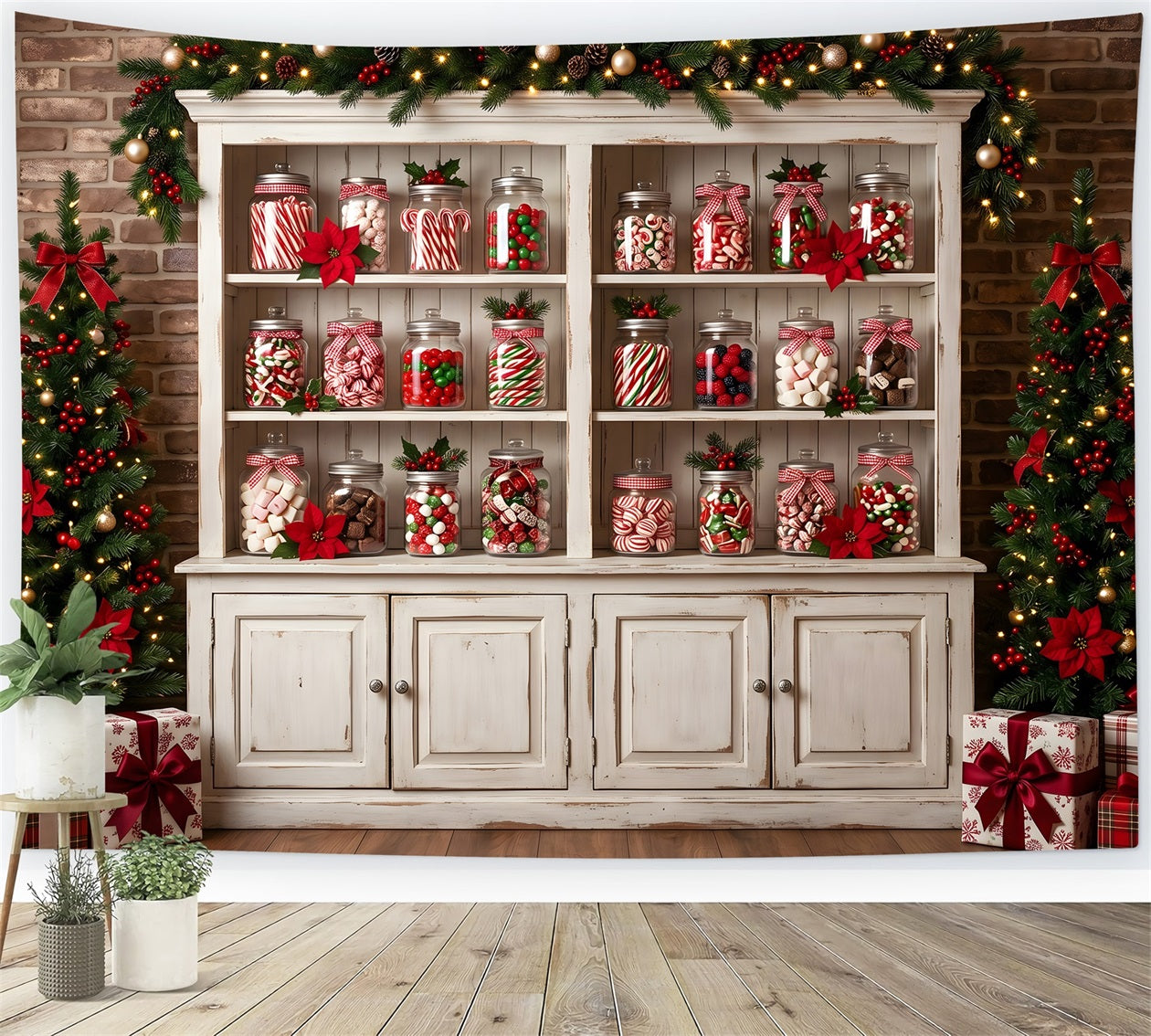 Festlicher Photo Booth Hintergrund Bonbonglas Schrank Poinsettien Tannen CEM65-91