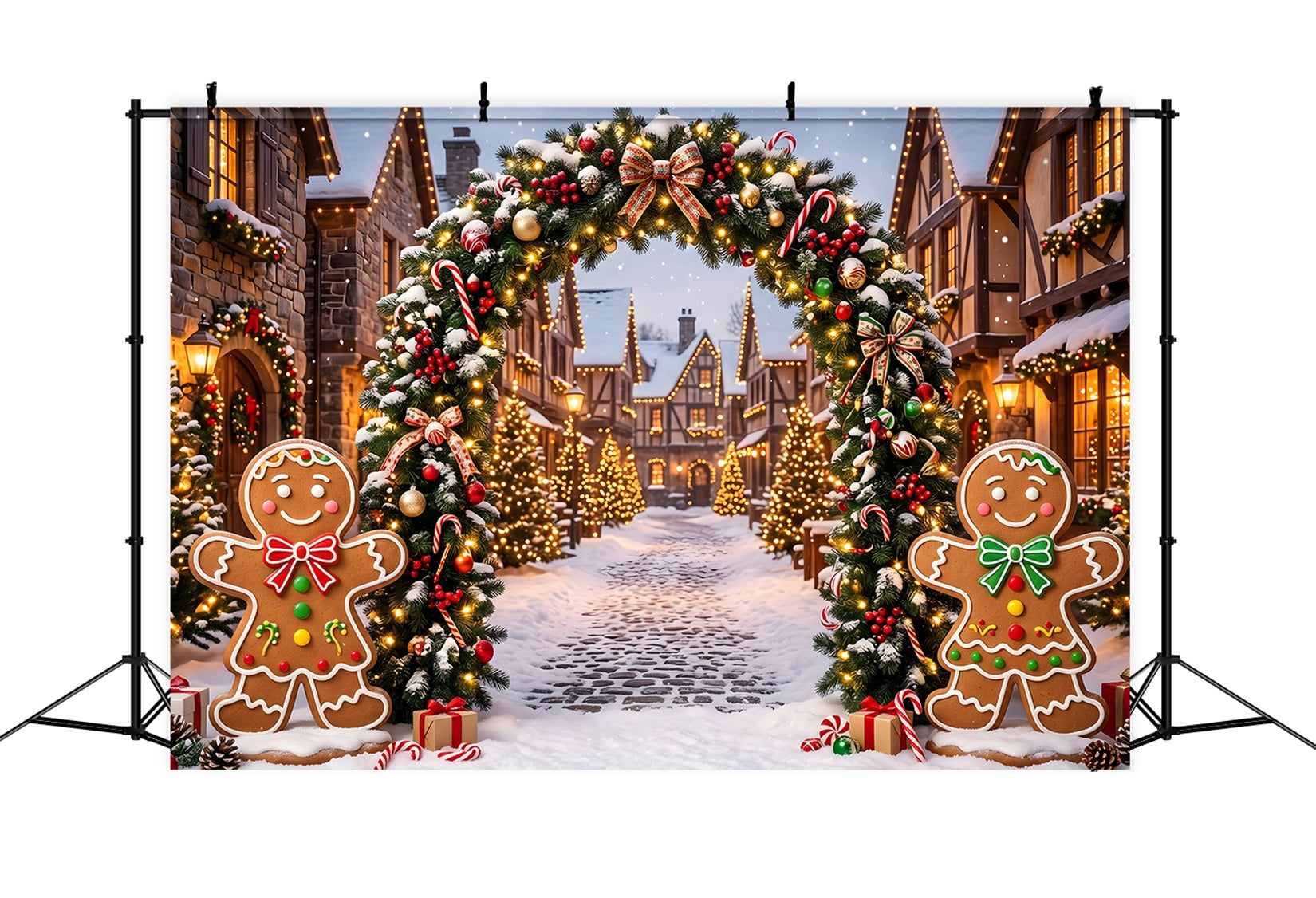 Elegante Weihnachtskulisse Lebkuchen Schneedorf Licht Bogen Szene CEM65-92