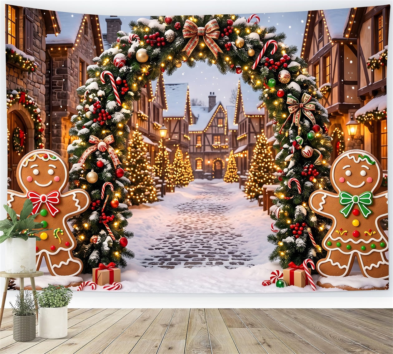 Elegante Weihnachtskulisse Lebkuchen Schneedorf Licht Bogen Szene CEM65-92