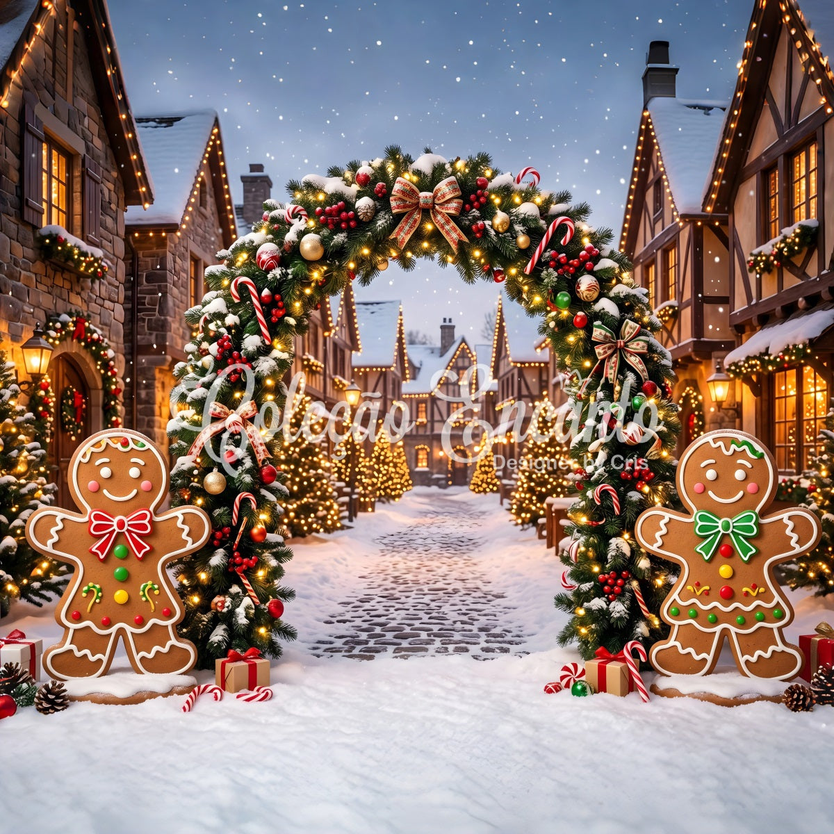 Elegante Weihnachtskulisse Lebkuchen Schneedorf Licht Bogen Szene CEM65-92