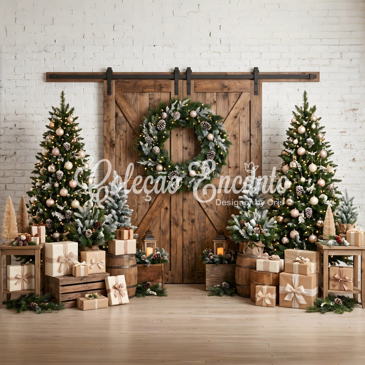 Weihnachts Scheune Tür rustikal Kranz Tannen Studio Kulisse CEM65-97