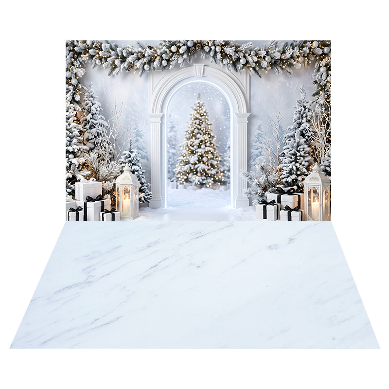 Verschneiter Weißer Weihnachtsbogen Hintergrund + Heller Marmorboden mit Feiner Maserung CEMCBS65-26