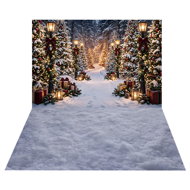 Festlicher Waldweg mit Laternen Hintergrund + Kühler Blauer Schneeboden Hintergrund CEMCBS65-28