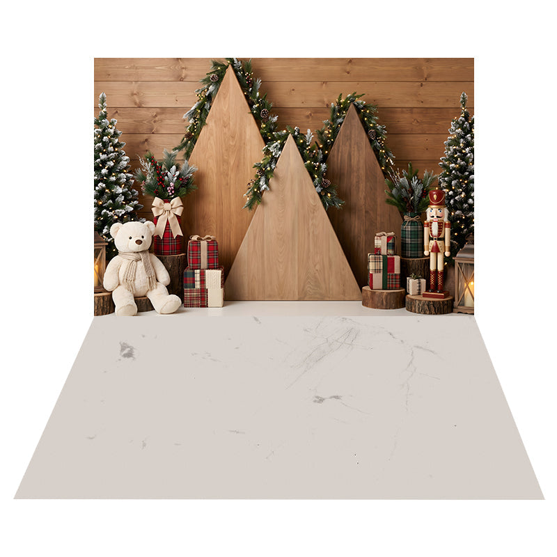 Rustikale Weihnachtsbaumdekoration aus Holz Hintergrund + Cremefarbener Marmorboden Hintergrund CEMCBS65-34