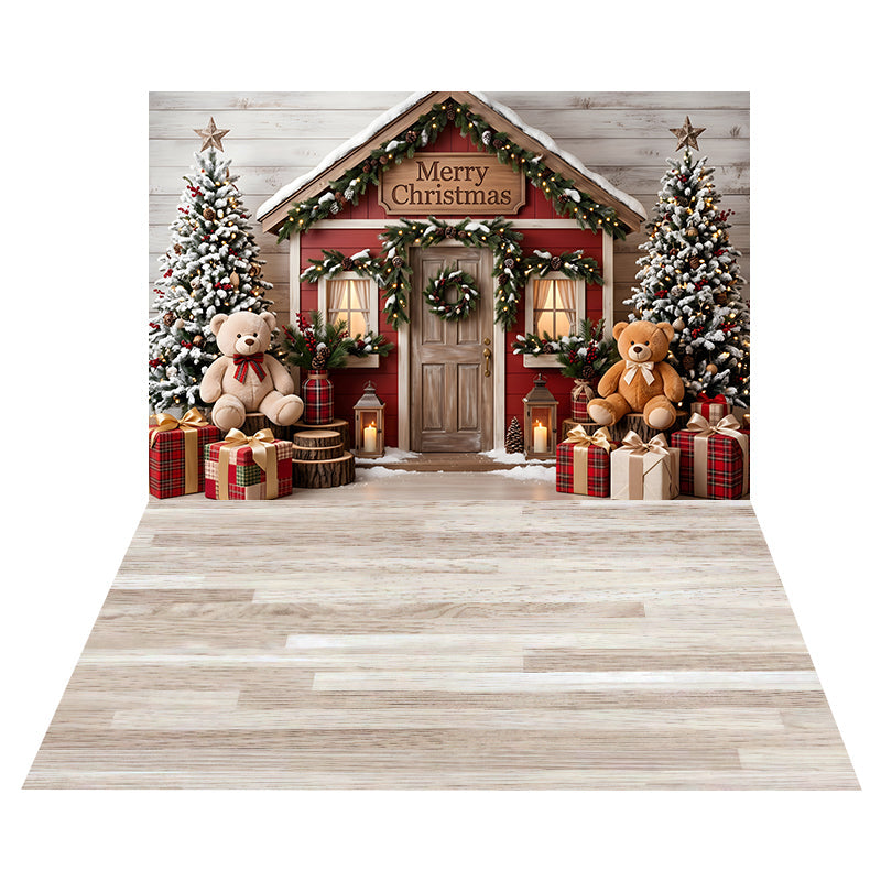 Weihnachtliche Teddybär Hütte Hintergrund + Weiß Gekalkter Eichenholzboden Hintergrund CEMCBS65-38