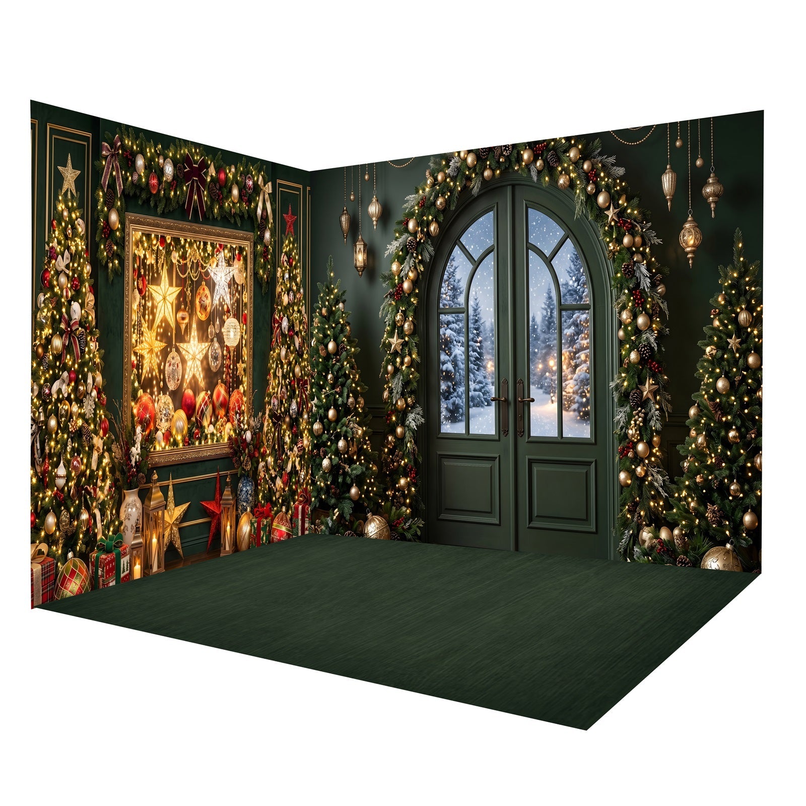 Weihnachtskulisse Smaragdgrüne Galerie mit Weihnachtskugeln Raumkulissen-Set CEMRMS65-13