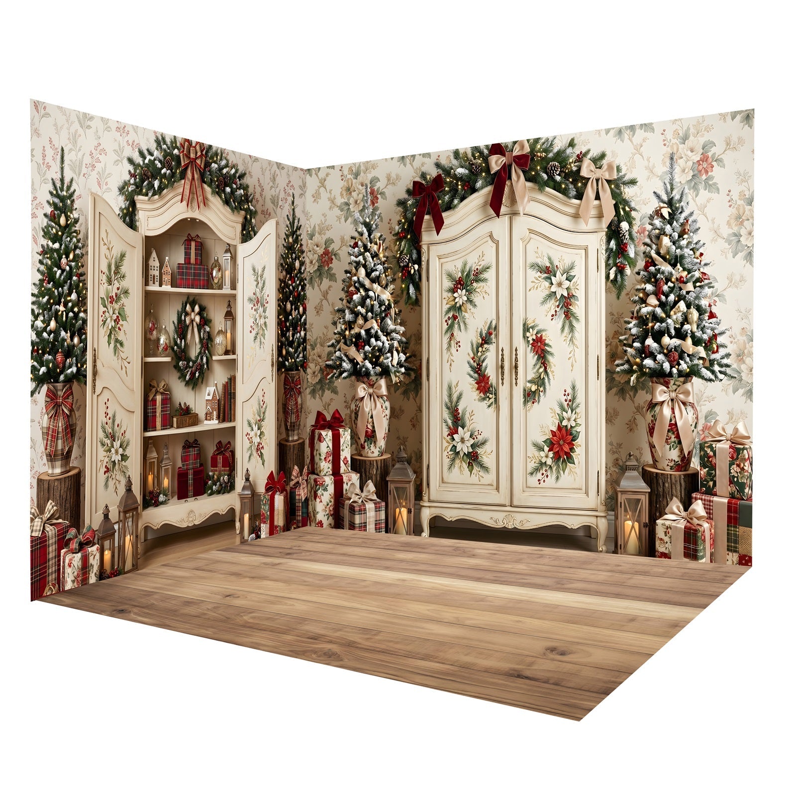 Weihnachts-Fotohintergrund Vintage-Schrank mit Blumendekoration Raumkulissen-Set CEMRMS65-16