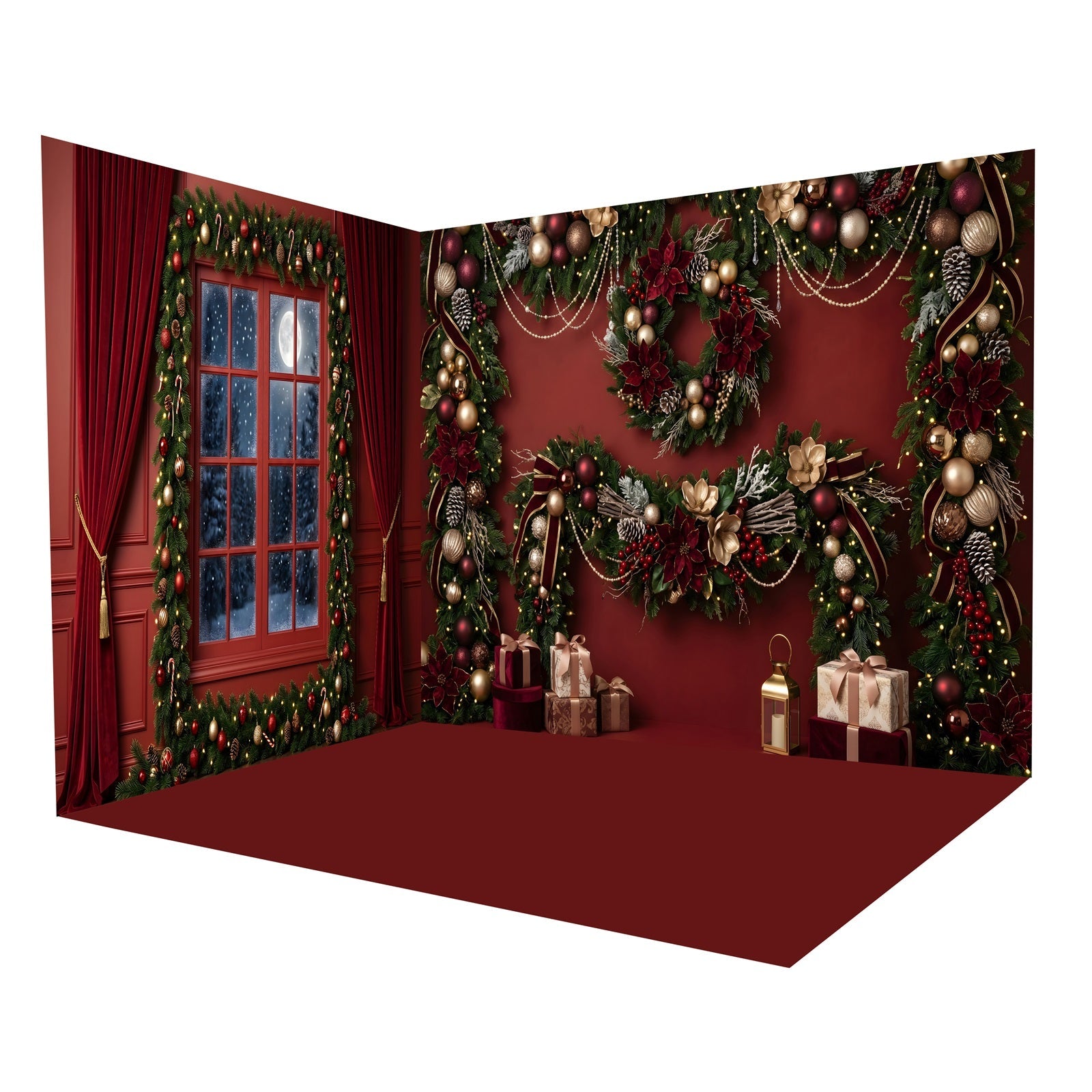 Weihnachts-Fotohintergrund Burgunderrote Girlande mit Kranz Raumkulissen-Set CEMRMS65-3