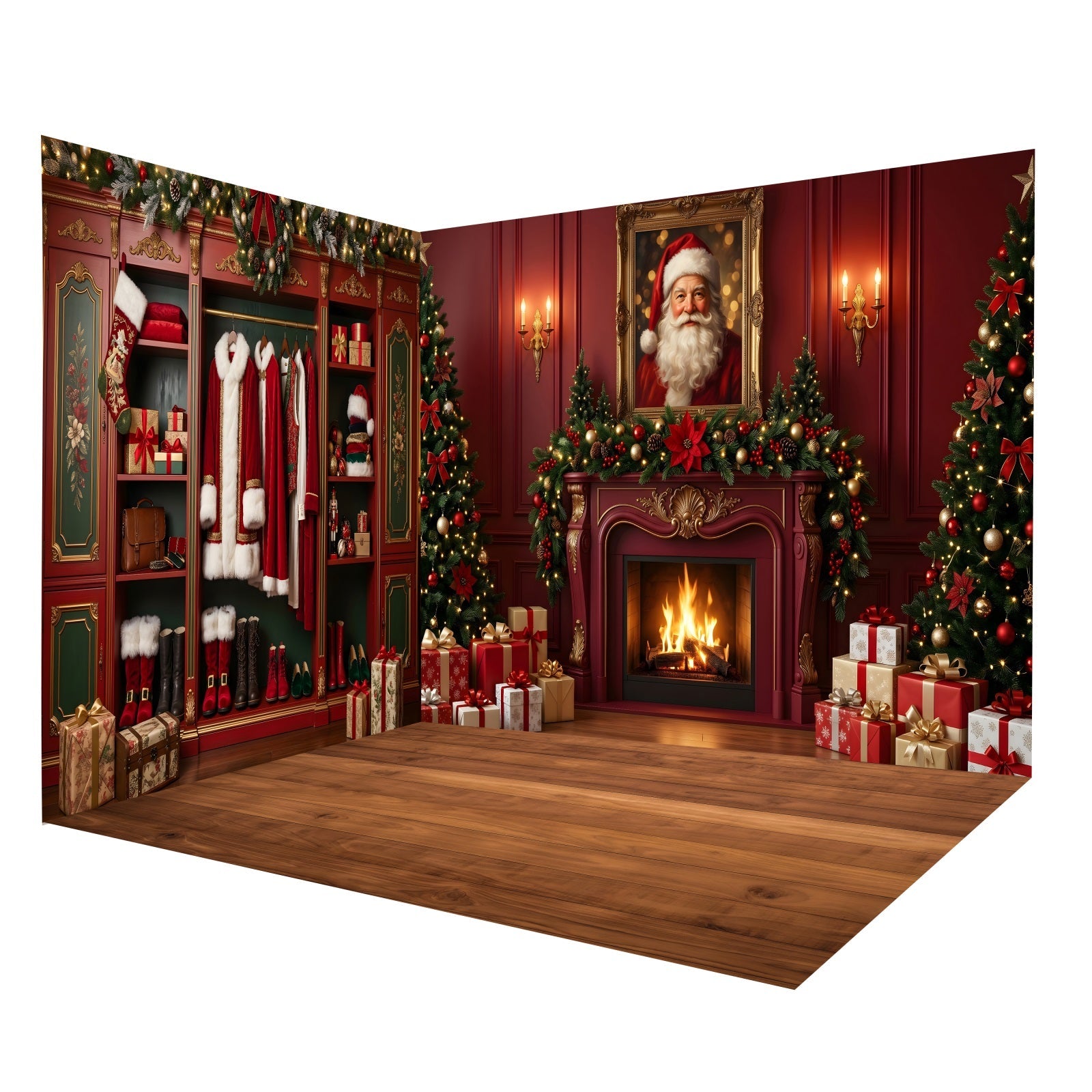 Weihnachtsmann-Fotohintergrund Garderobe mit Festlichem Kamin Raumkulissen-Set CEMRMS65-5