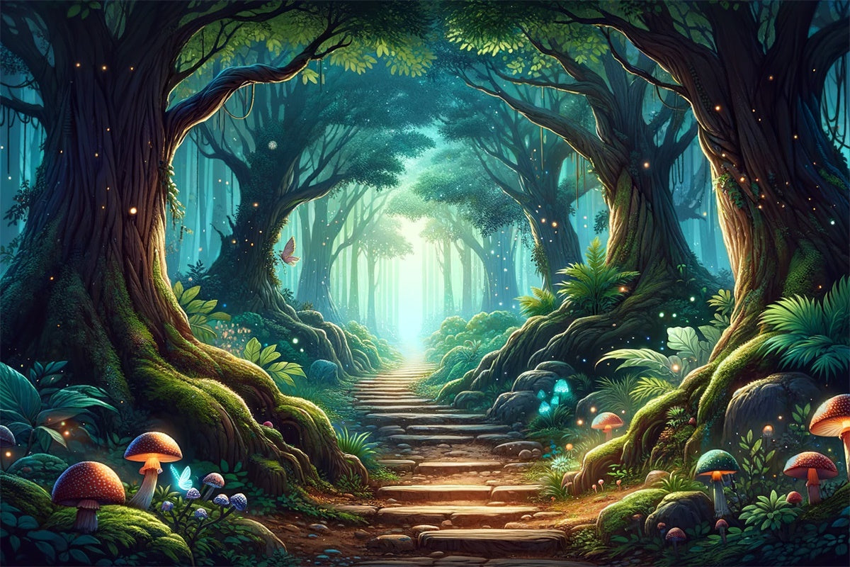 Fantasy Forest Hintergrundkulisse Mystischer Wald Sonnenbeschienener Pfad Hintergrundkulisse CJJ2-123
