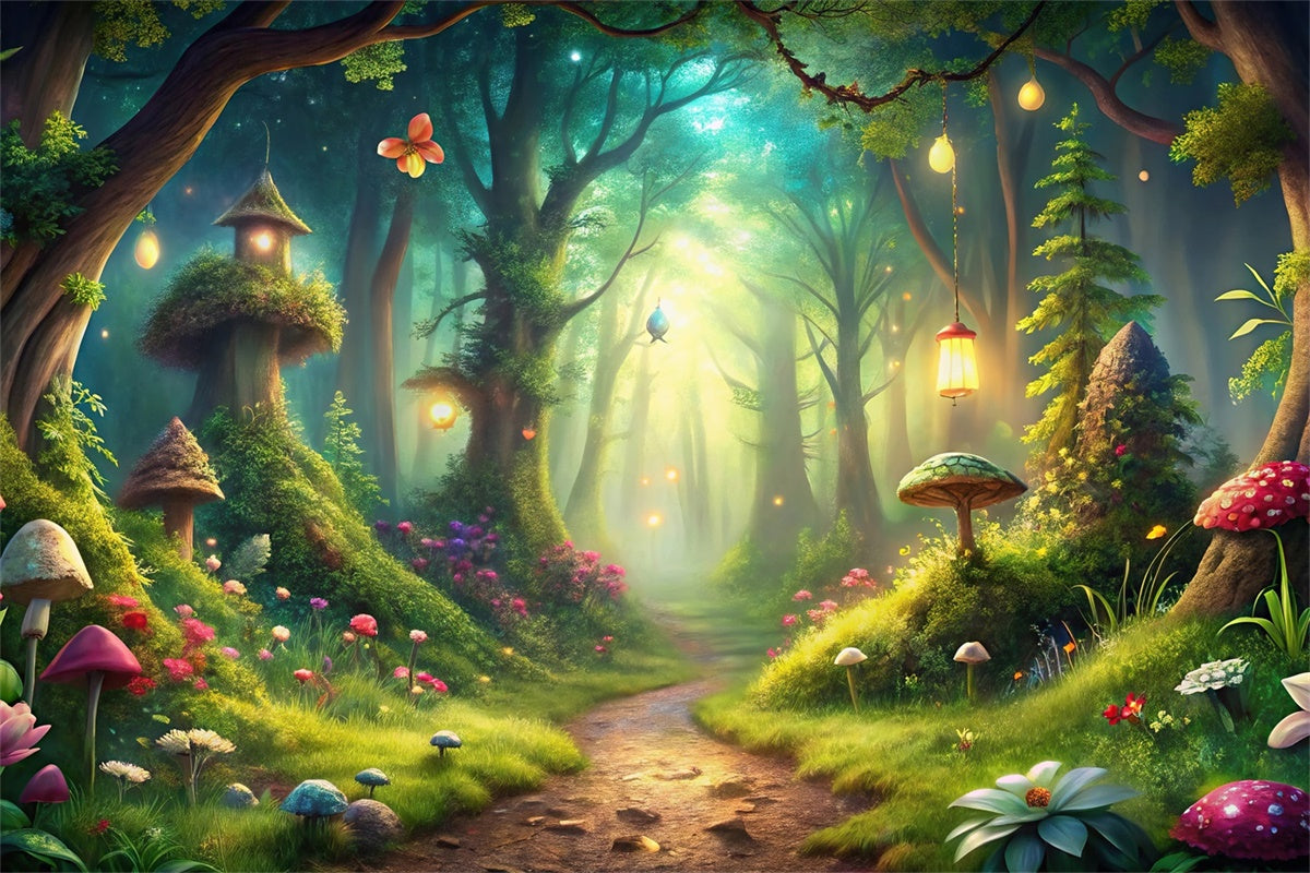 Fantasy Forest Backdrop Laternenpfad Magische Pilze Backdrop CJJ2-125