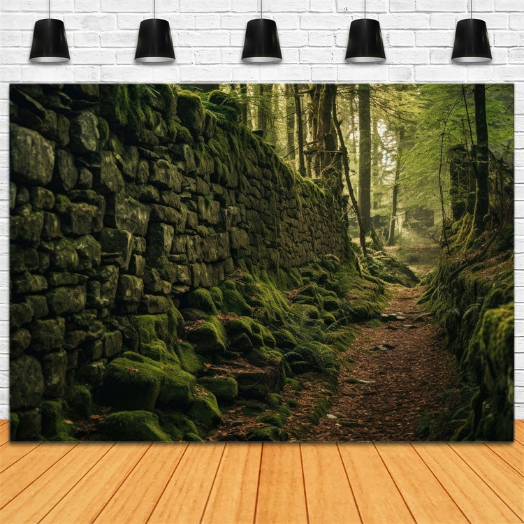 Wald Backdrop Fotografie Moosige Steinmauer Pfad Hintergrund CJJ2-128