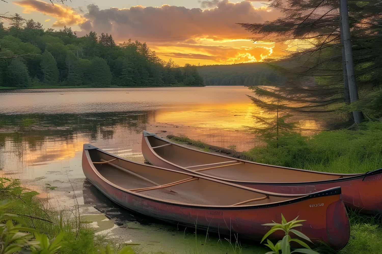 Fotografie Backdrops Wald Sonnenuntergang Kanu Ruhiger See Hintergrund CJJ2-131
