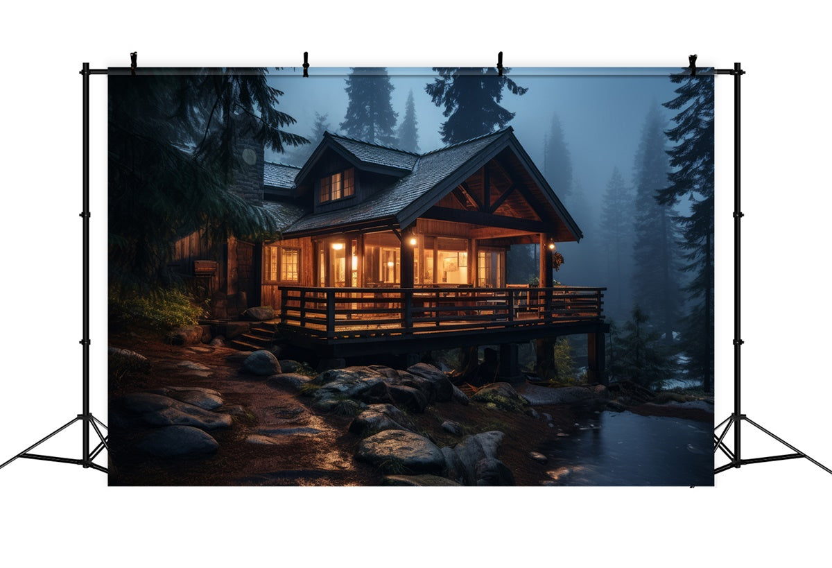 Wald Backdrop Fotografie Nebelige Nacht Rustikale Hütte Hintergrund CJJ2-132