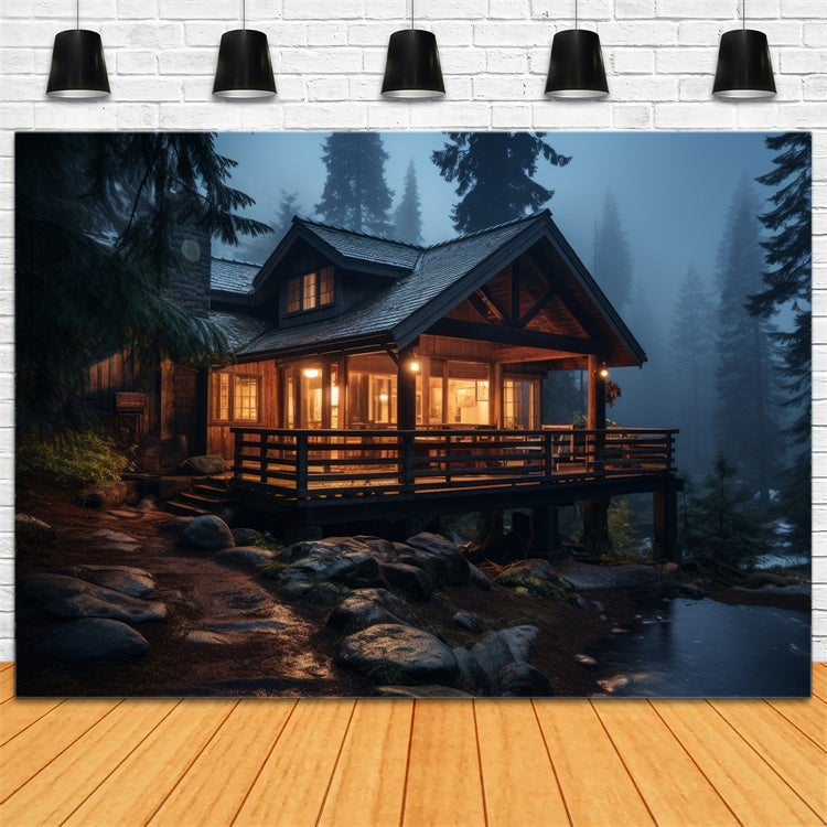 Wald Backdrop Fotografie Nebelige Nacht Rustikale Hütte Hintergrund CJJ2-132