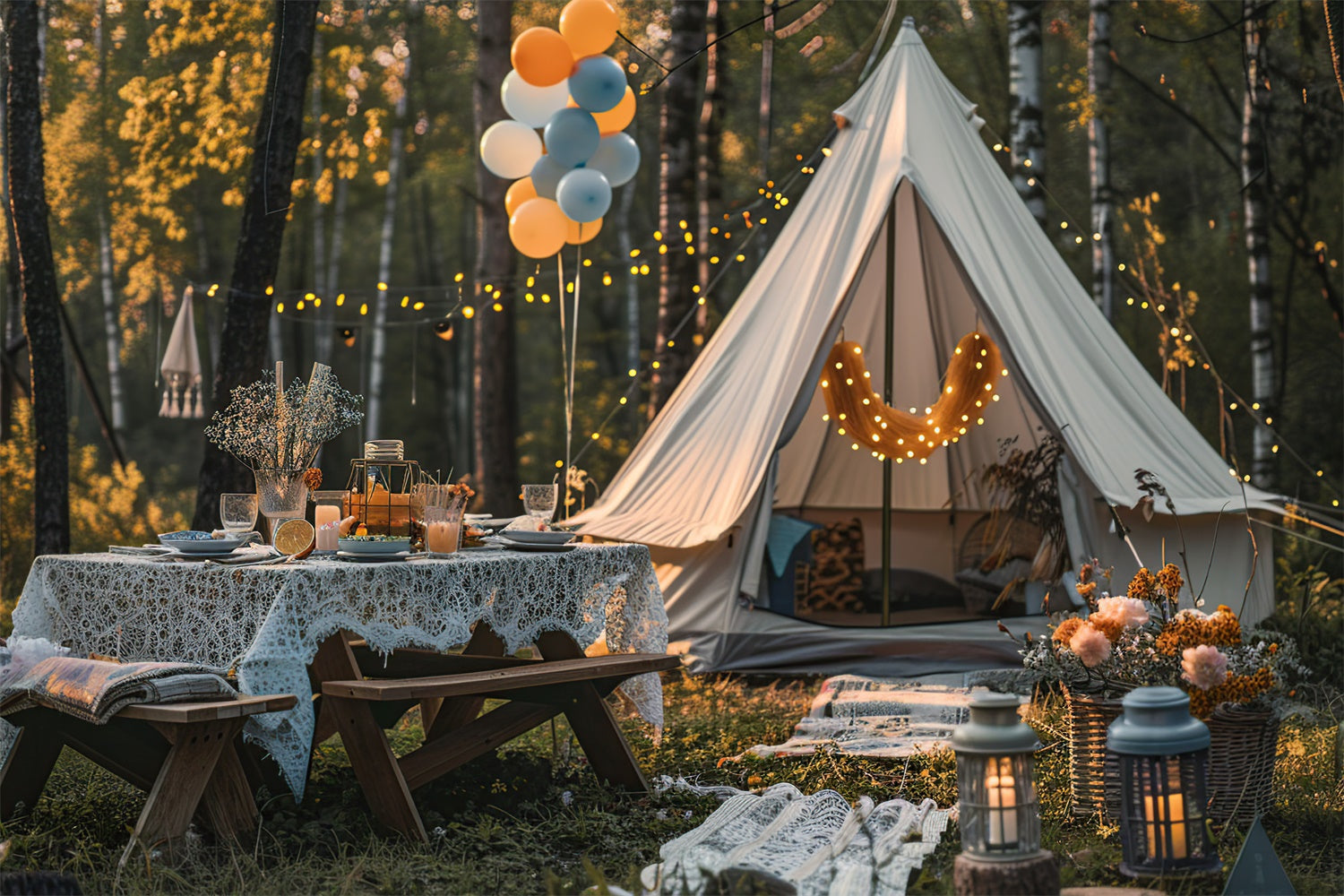 Fotokulisse Wald Gemütlicher Herbst Glamping Nacht Kulisse CJJ2-139