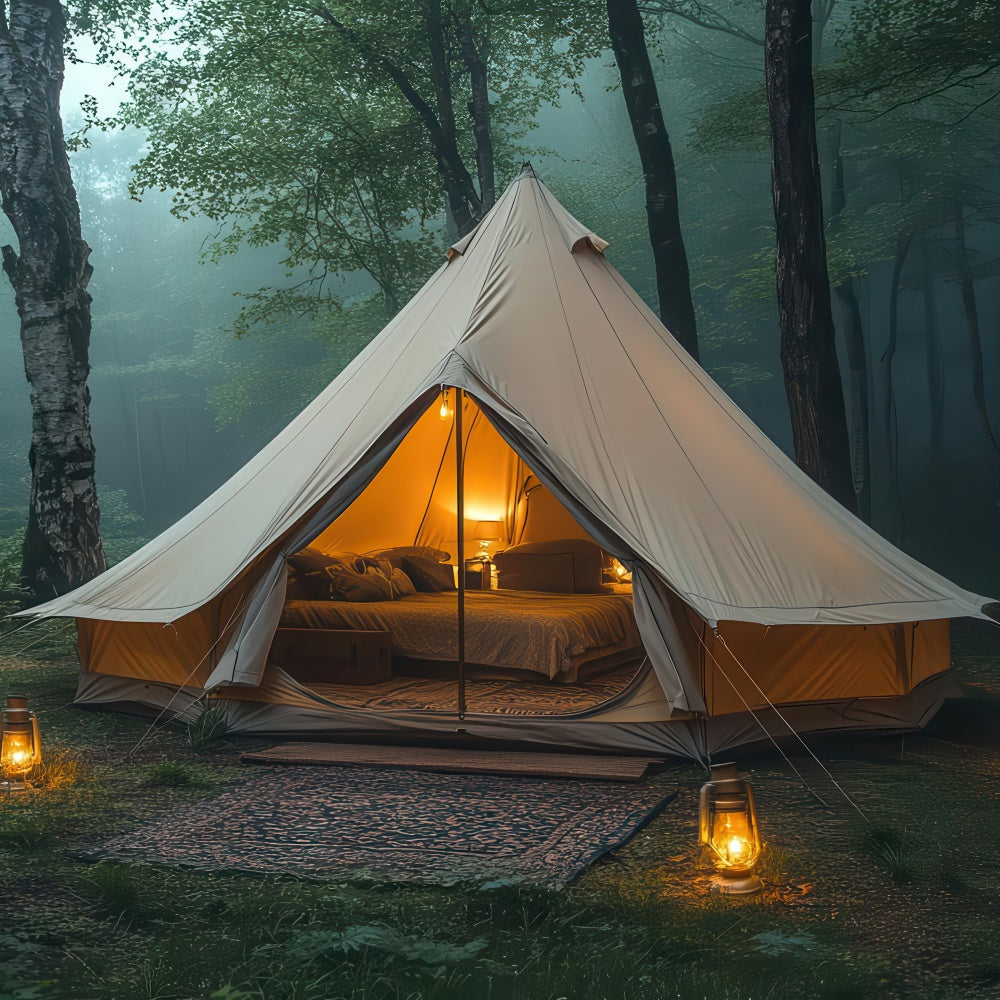 Wald Fotohintergrund Warmes Licht Gemütliches Camp Zelt Hintergrund CJJ2-49