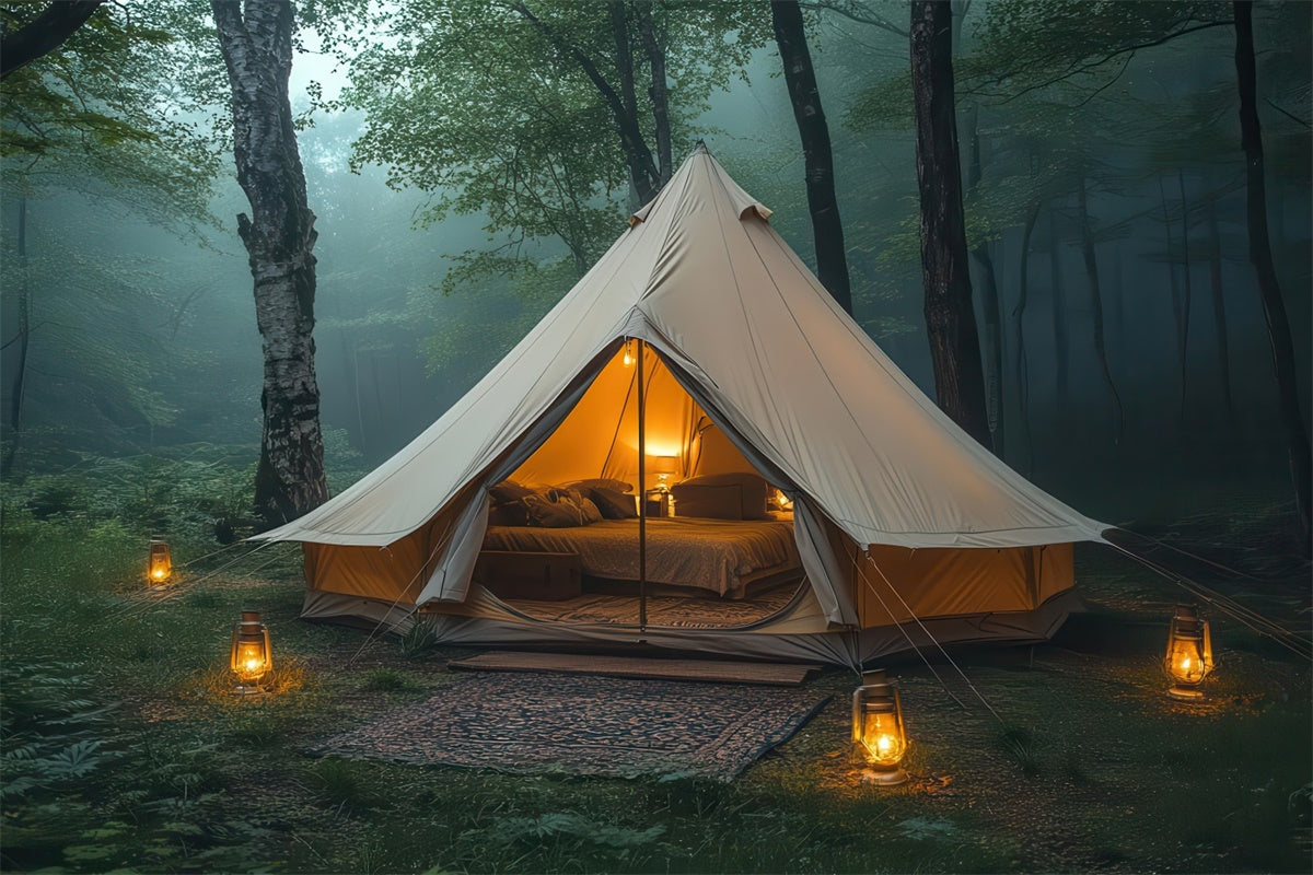 Wald Fotohintergrund Warmes Licht Gemütliches Camp Zelt Hintergrund CJJ2-49