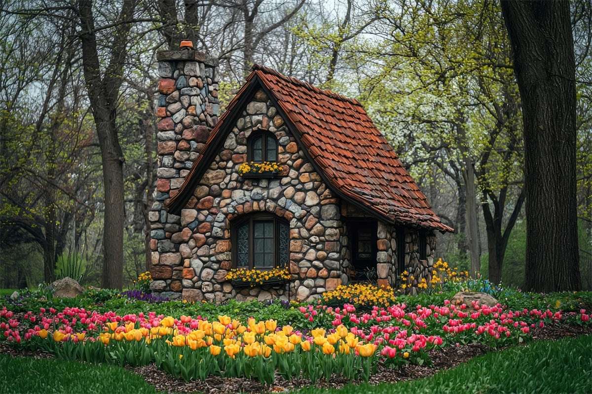 Wald Fotohintergrund Charmante Blume Steinhaus Hintergrund CJJ2-50