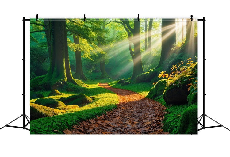 Wald Fotohintergrund Goldener Sonnenstrahl Moosiger Pfad Hintergrund CJJ2-53