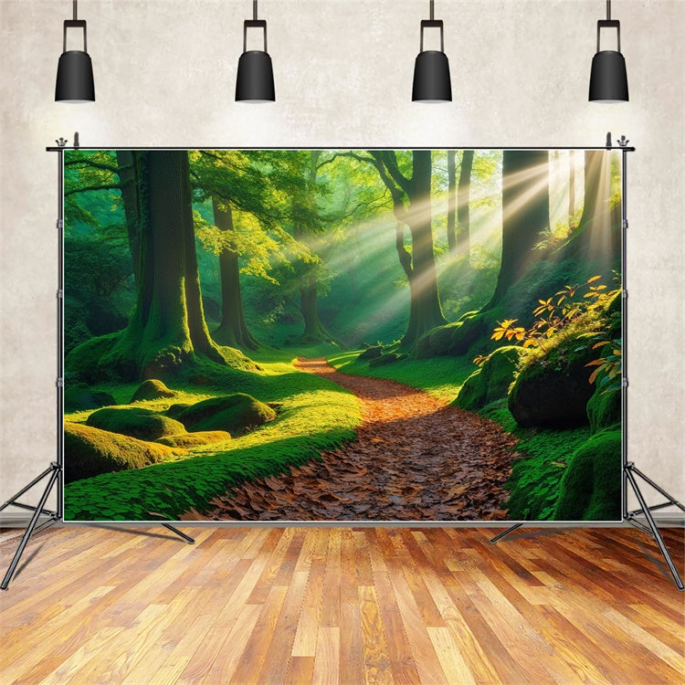 Wald Fotohintergrund Goldener Sonnenstrahl Moosiger Pfad Hintergrund CJJ2-53