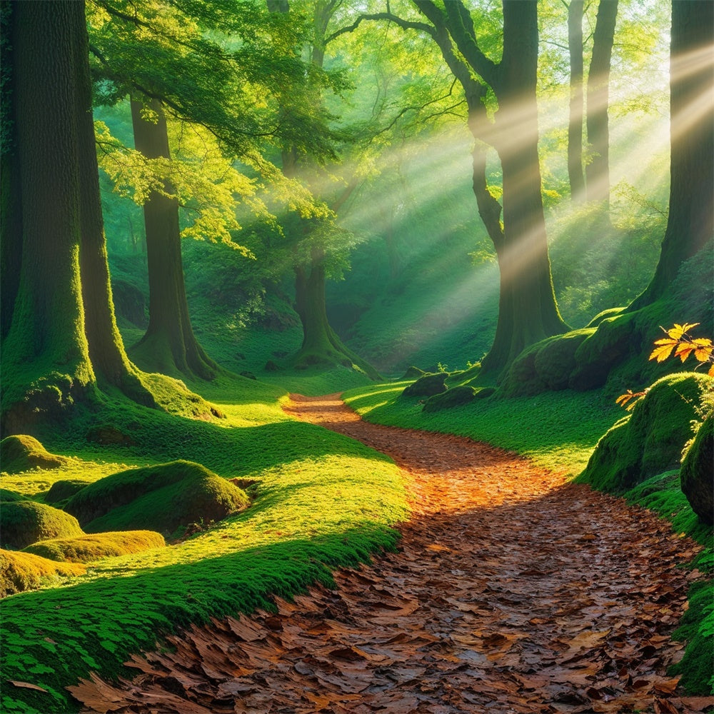 Wald Fotohintergrund Goldener Sonnenstrahl Moosiger Pfad Hintergrund CJJ2-53