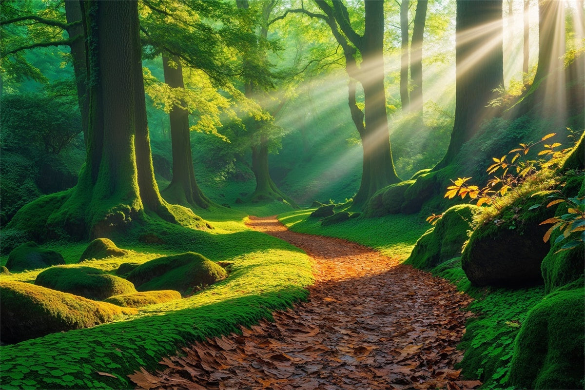 Wald Fotohintergrund Goldener Sonnenstrahl Moosiger Pfad Hintergrund CJJ2-53