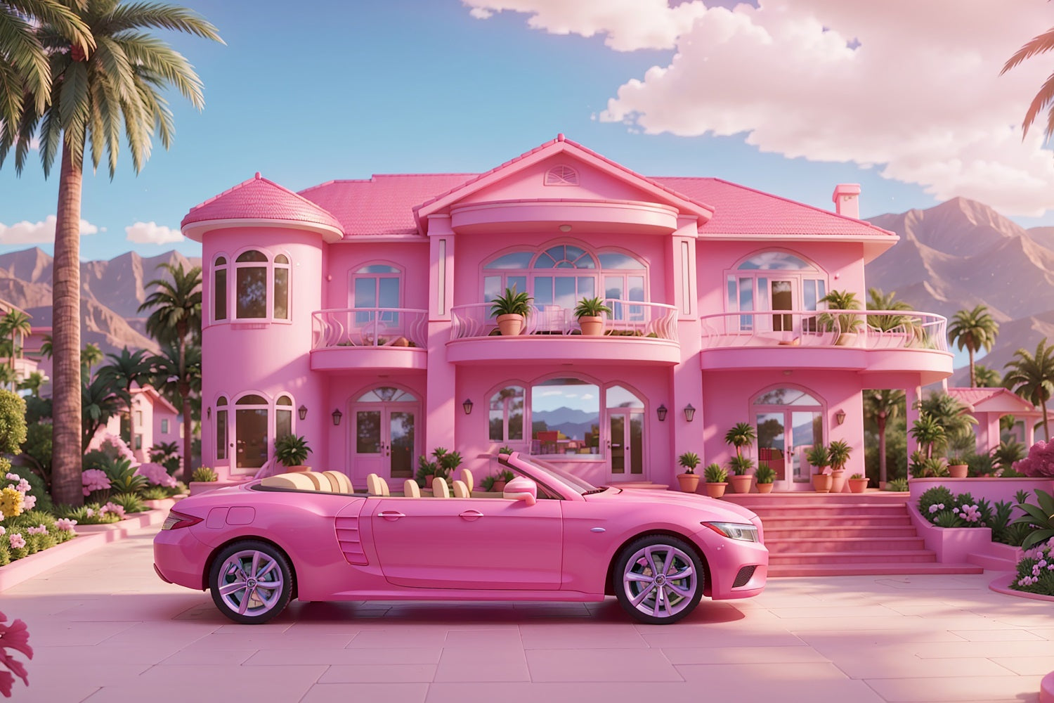 Pink Girl Backdrop Haus Backdrop Pink Mansion Car Backdrop CJJ2-83