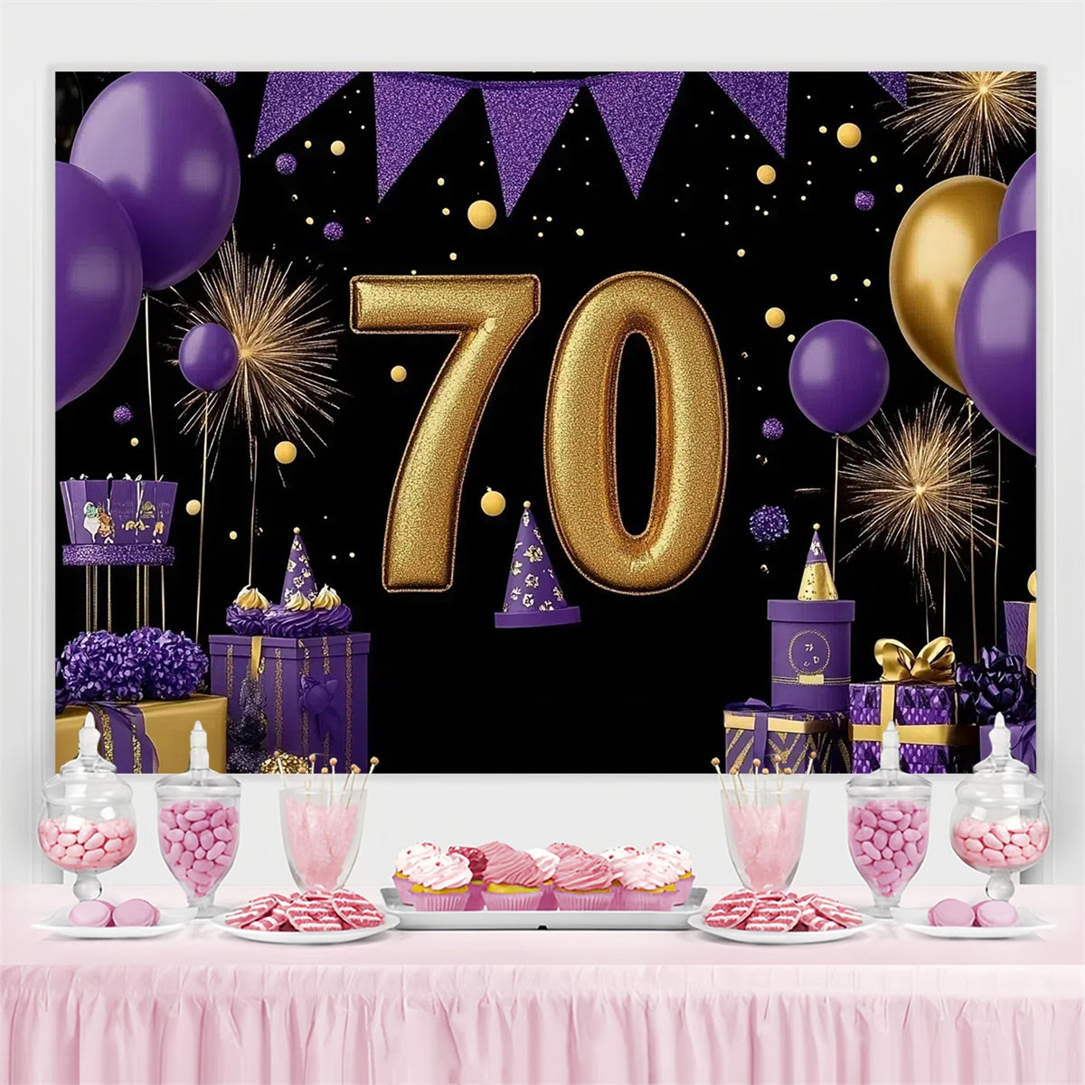 Personalisierte 70. Geburtstag Backdrop Lila Ballon Luxus Backdrop CJJ3-210