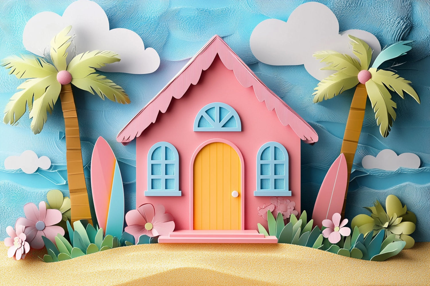 Sommer-Fotohintergrund Cartoon Rosa Strand Haus Hintergrund CJJ3-241