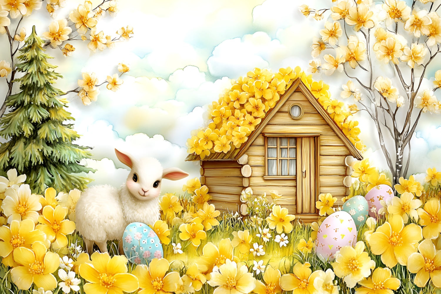 Ostern Backdrop Glückliches Lamm Gelbe Blüte Garten Backdrop CSH2-11